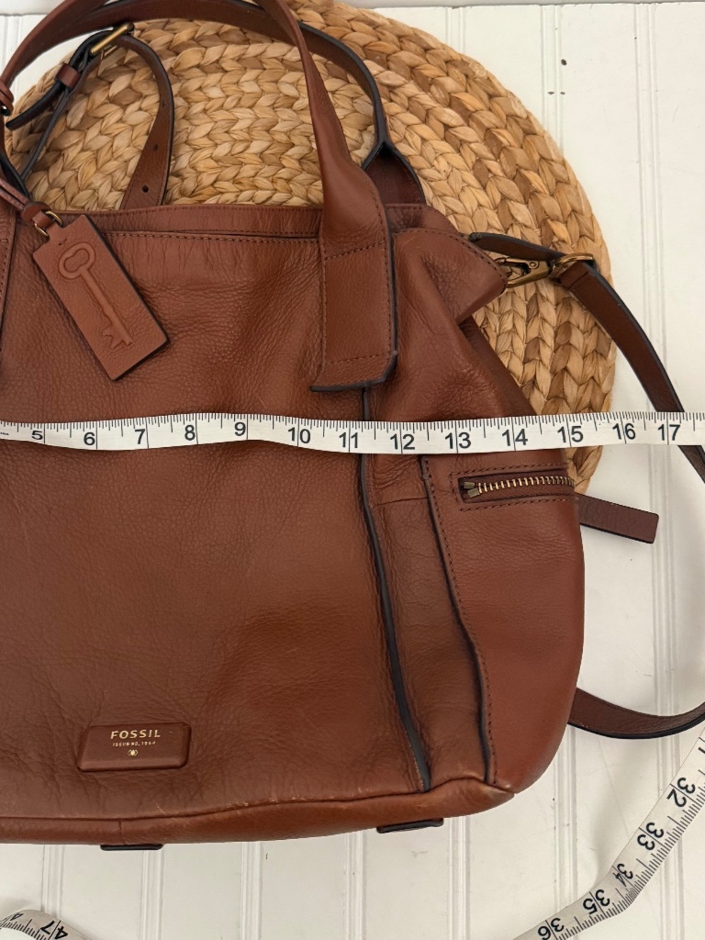 Fossil Emerson Medium Pebbled Leather Satchel Handbag Cognac/Brown - Picture 14 of 14